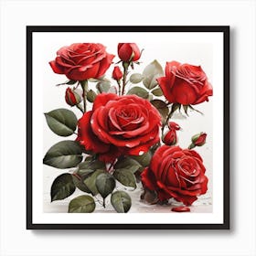 a painting of red roses on a white background, an airbrush painting by Terry Redlin, featured on deviantart, figurative art, detailed painting, airbrush art, acrylic art Art Print