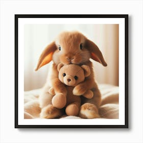 A cute, cuddly, and adorable baby bunny rabbit, with the softest fur, the cutest little nose, and the most huggable body, is sitting on a fluffy white blanket, holding a tiny teddy bear in its paws, looking up at you with its big, round, and sparkly eyes, begging you to pick it up and give it a cuddle. Art Print