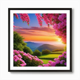 Pink Flowers Sunset Read Shade Flowers Blue Sky Beautiful Location Sunset View Wall 2 Art Print