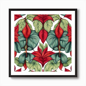 Seamless Pattern With Red And Green Leaves Art Print