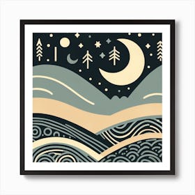 Linocut, Scandinavian Style, Night Sky with Crescent Moon 2 Art Print