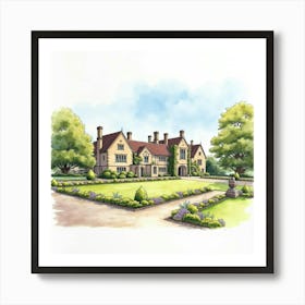 Watercolor Of The Tissington Hall In Derbyshire, Showcasing Its Picturesque Design And Surrounding Gardens Art Print