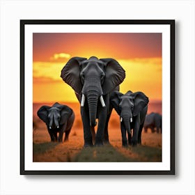 Family Of Elephants At Sunset 1 Póster