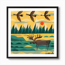 A Moose And Three Goose Square Art Print