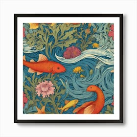 Goldfish And Flowers Art Print