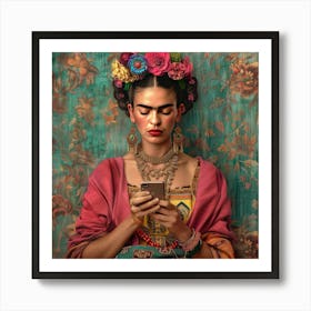 Frida Kahlo Checking Her Social Media. Art Print