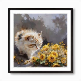 Cat With Yellow Flowers 1 Art Print