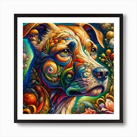 Dog With Flowers Art Print