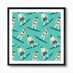 STOKED Summer Beach Surfer Girl Surfer Dude Outdoor Ocean Sports with Surfboard in Vintage Retro Red Blue White on Turquoise Art Print