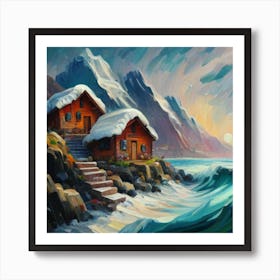 Acrylic and impasto pattern, mountain village, sea waves, log cabin, high definition, detailed geometric 4 Art Print