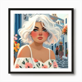 Santorini Girl with White Hair Art Print