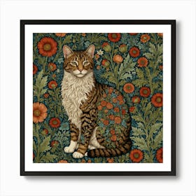 William Morris Style Botanical Cat Textiles Art Print Art Print