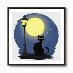 Black Cat Sitting Calmly Under A Glowing Art Print