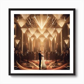 Glamorous Art Deco ballroom comes alive with the shimmering lights of a chandelier Art Print