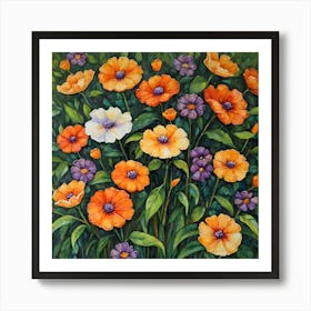 A Painting Of A Lush Green Bush Filled With Purple And Orange Flowers Art Print