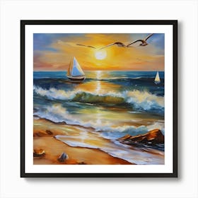 Oil painting design on canvas. Sandy beach rocks. Waves. Sailboat. Seagulls. The sun before sunset.20 Art Print