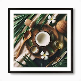 Coconut on a palm leaf 2 Art Print