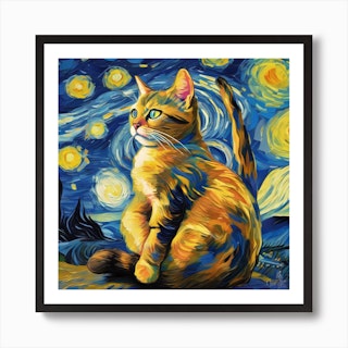 Best Friends Cute Dog and Cat Starry Night Art Print Picture by