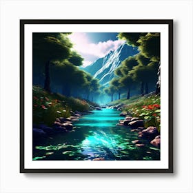 River In The Forest, blue sky, wall art, trees, and sun. good look, Art Print