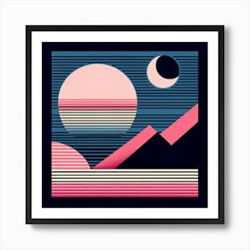 "Geometric Night with Celestial Bodies"  This artwork, "Geometric Night with Celestial Bodies," is a bold interplay of geometry and astronomy, where spherical forms represent celestial bodies against the stark contrast of night. The vivid pink hues and structured lines bring a contemporary edge to the piece, making it a standout addition to any modern art collection or chic interior design scheme. Art Print