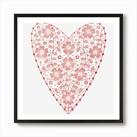 Scandinavian Red and White Floral Heart Art Print