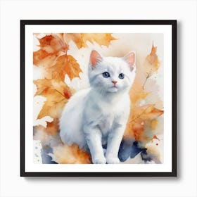 White Kitten In Autumn Leaves 1 Art Print