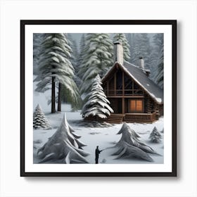 Small wooden hut inside a dense forest of pine trees with falling snow 10 Art Print