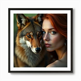 Beautiful Woman And Wolf Art Print