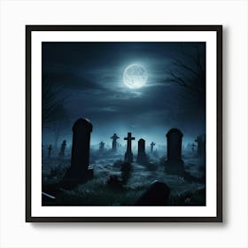 Gravestones Casting Long Ominous Shadows Under A Full Moon A Rising Mist Shrouding The Undead Figu (2) Art Print