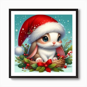 Christmas Bunny In Christmas Hat Art Print