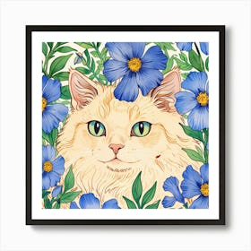 Cat With Blue Flowers 1 Art Print