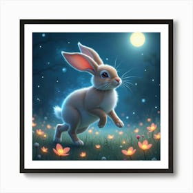 A Rabbit With A Mystical Aura, Hopping Through A Moonlit Meadow Filled With Glowing Flowers Art Print