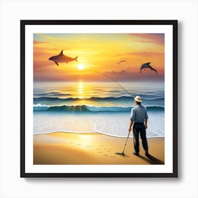Fishing With Dolphins Art Print