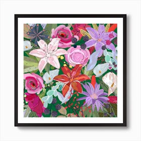 Lily And Colorful Flowers Pattern Square Art Print