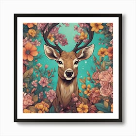 Deer With Flowers Art Print