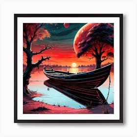 A Landscape Of Dreamsa Black Boatsunsetdark Treesgiant Red Planet In The Backround Sharp F 487718736 Art Print