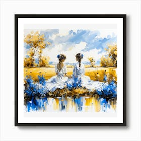 Two Women In Blue Dresses Art Print