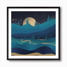 Moutain Road Under The Moonlight Square Art Print