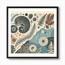 Scandinavian style, Ancient sea shell and fern Art Print