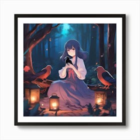 Kawaii Girl with Crows Art Print