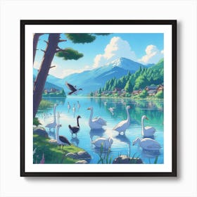 Swans In The Lake 1 Art Print