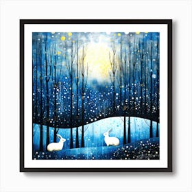 Rabbits Winter - Snowy Night Art Print