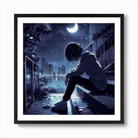 Anime Girl Sitting On Stairs At Night Art Print