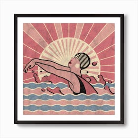 art deco style swimmer splash in pink 2 Art Print