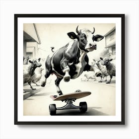 Cow Riding A Skateboard Art Print