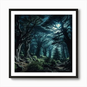 Mystical And Magical Night In The Enchanting Forest Where The Tall And Mighty Trees Seem To Reach Out To The Starry Sky As If Trying To Unravel Its Mysteries While The Soft Moonlight Bathes The Forest Floor In Its Silvery Glow Creating A Truly Bewitching Scene That Will Leave You Mesmerized Art Print