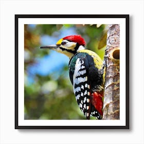 Colorful Pielated Woodpecker On A Tree Art Print