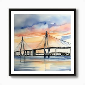 Accurate drawing and description. Sunset over the Arthur Ravenel Jr. Bridge in Charleston. Blue water and sunset reflections on the water. Watercolor.1 Art Print