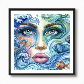 Watercolor Of A Woman With Fish Art Print