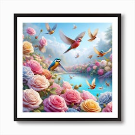 Birds And Roses Art Print